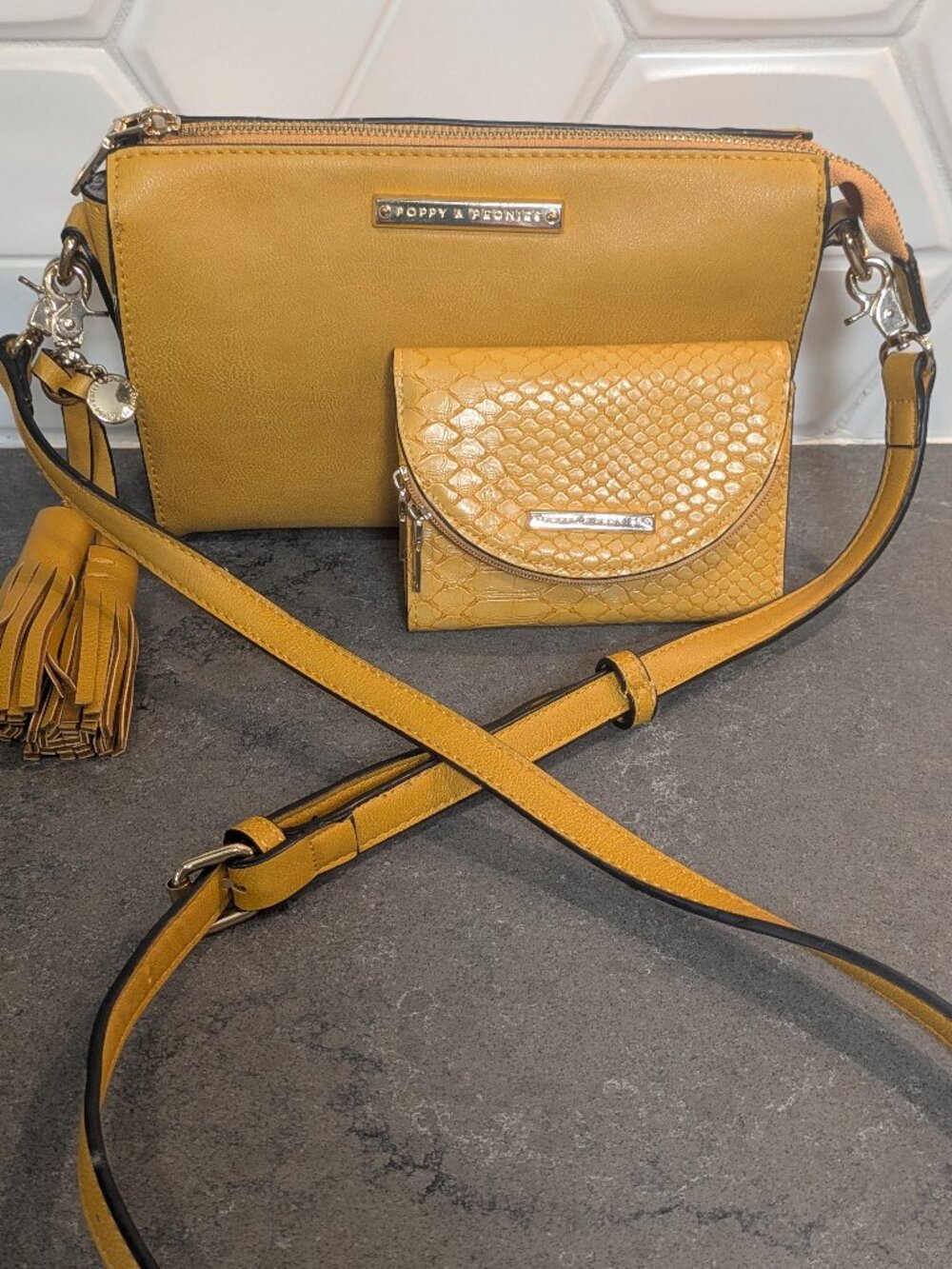 Poppies & Peonies Mustard Yellow Vegan Leather Crossbody Bag and Wallet